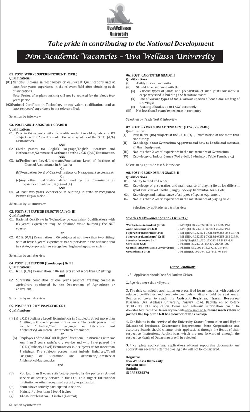 Works Superintendent (Civil), Audit Assistant, Supervisor (Electrical, Landscape), Security Inspector, Carpenter, Gymnasium Attendant, Groundsman  - Uva Wellassa University